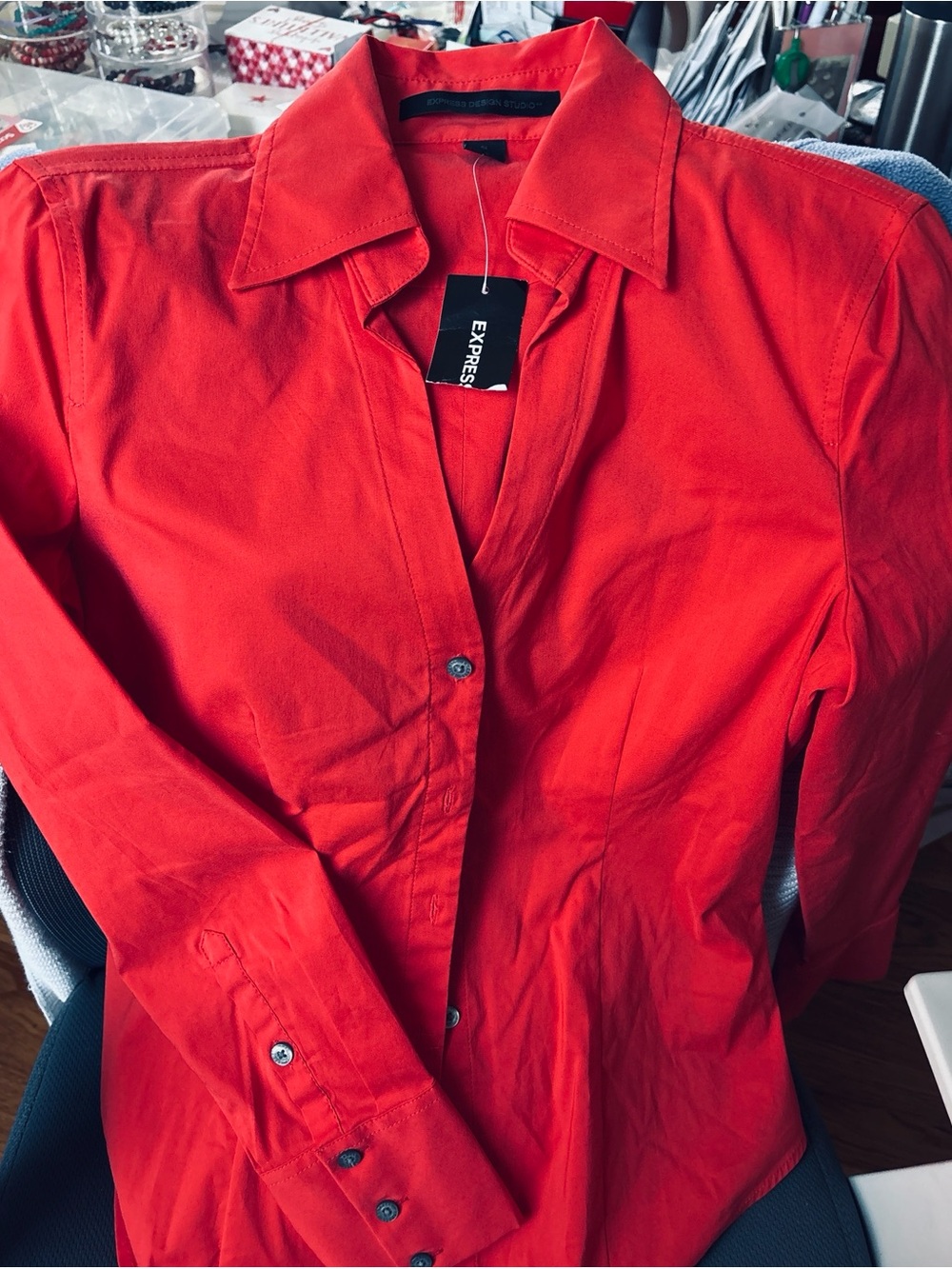 NWT Beautiful Express Design Studio
Coral Red Button Front Long-sleeve. - Picture 7 of 9